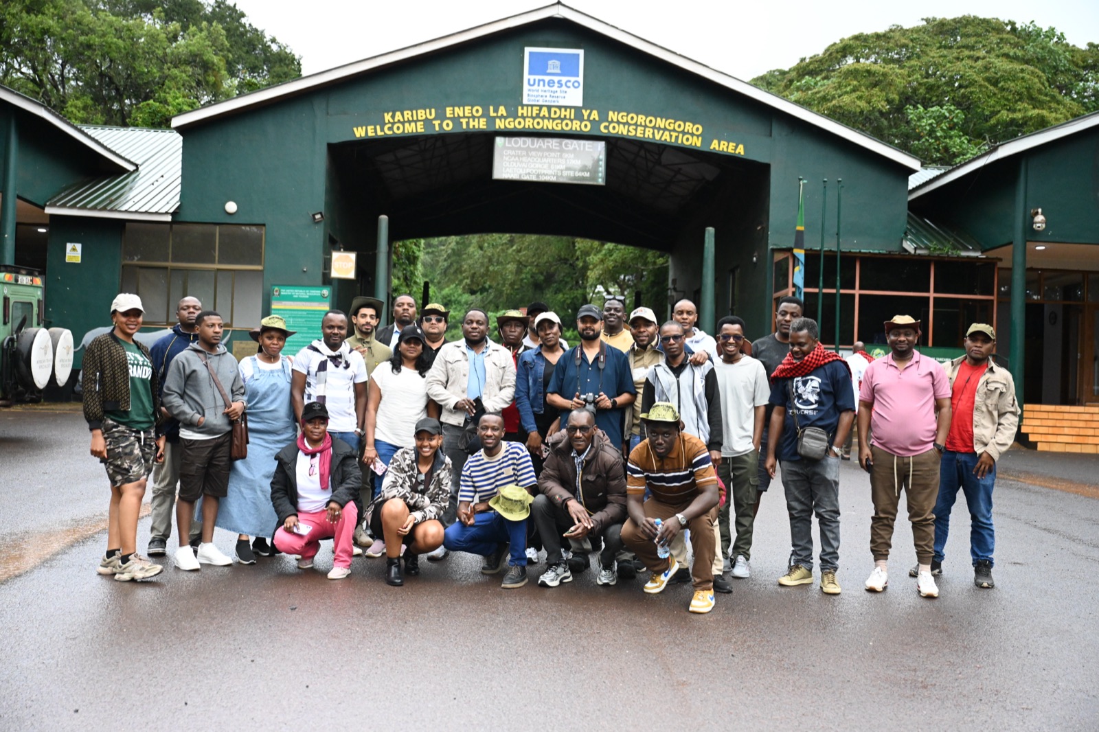 The Magilatech team at the Ngorongoro Conservation Area gate near Arusha, Tanzania